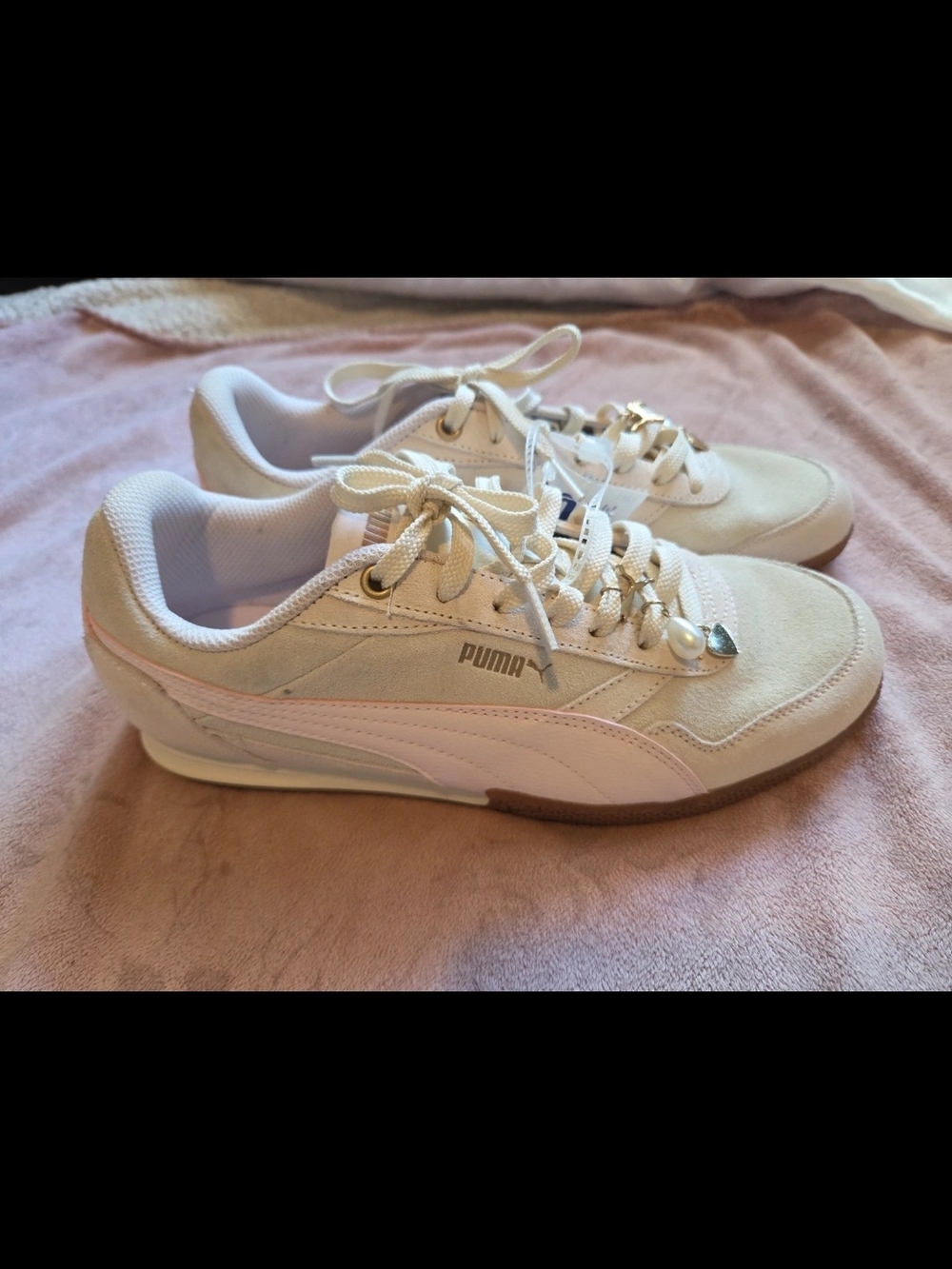 Puma Women’s Cream Suede Lace-Up Sneakers with Pearl & Gold Heart Charms